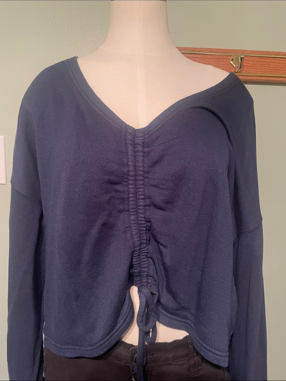 aerie Navy Ruched V-Neck Drawstring Sweatshirt